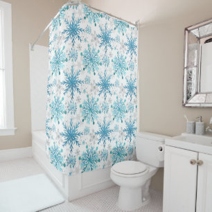 Watercolor Blue & Silver Glitter Winter Snowflakes Shower Curtain
