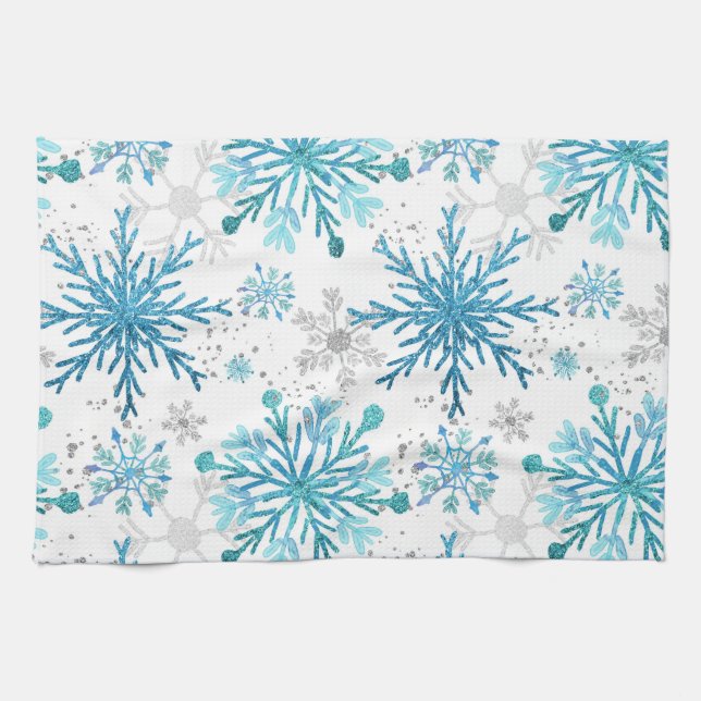 Watercolor Blue & Silver Glitter Winter Snowflakes Tea Towel (Horizontal)