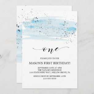 Watercolor Blue & Silver Sparkle First Birthday Invitation