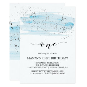 Watercolor Blue & Silver Sparkle First Birthday Invitation