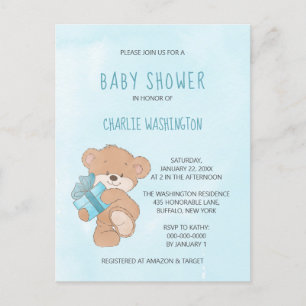 Watercolor Blue Simple Teddy Bear Baby Shower Postcard