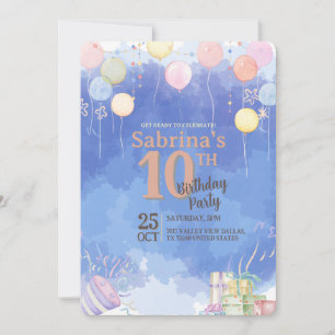 Watercolor Blue Sky Balloon Birthday Invitation