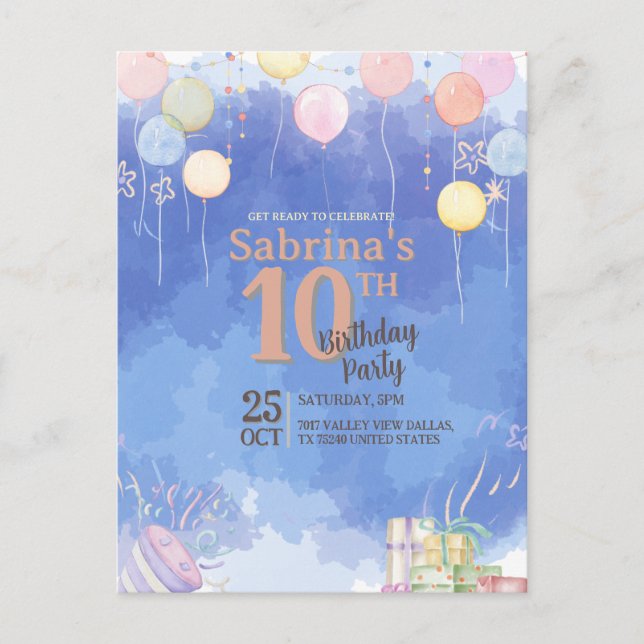 Watercolor Blue Sky Balloon Invitation Postcard (Front)