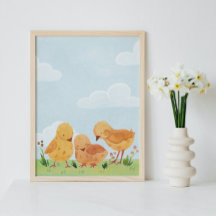 Watercolor Blue Sky Clouds Chicks Flowers Nursery