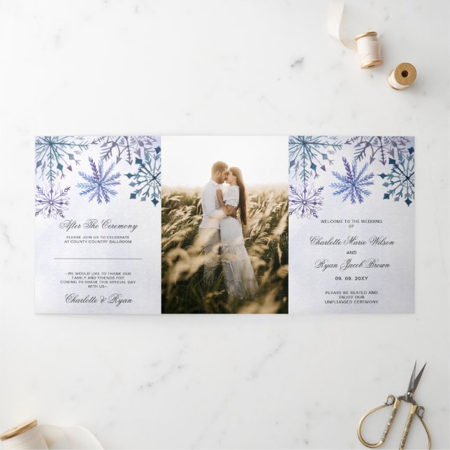 Watercolor Blue Snowflake Winter Wedding     Tri-Fold Programme (Outside)