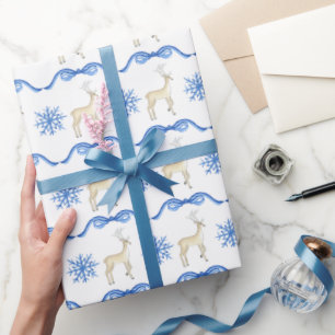 Watercolor Blue Snowflakes with Reindeer Wrapping Paper