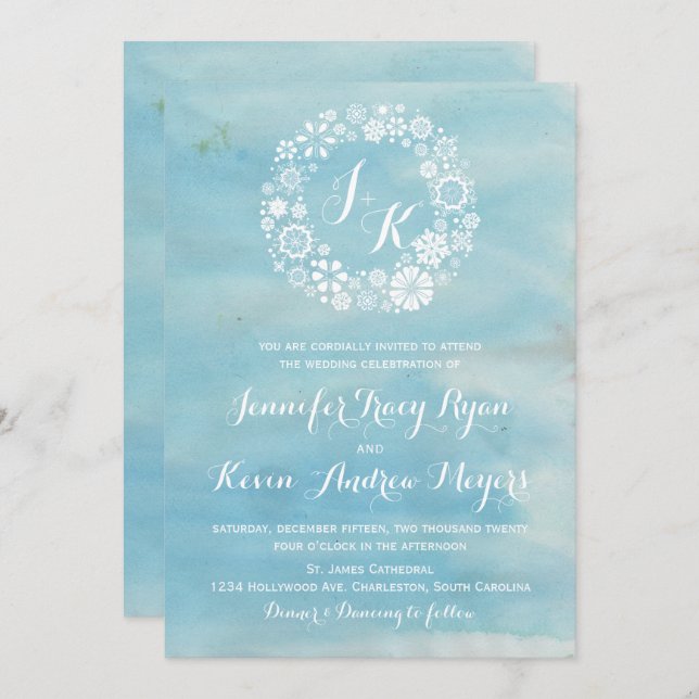 Watercolor Blue Snowflakes Wreath Wedding I Invitation (Front/Back)