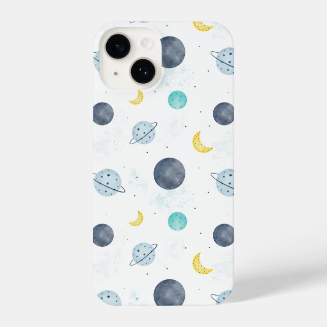 Watercolor Blue Space Planet Pattern iPhone Case (Back)