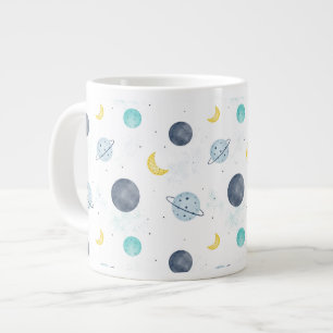 Watercolor Blue Space Planet Pattern Large Coffee Mug
