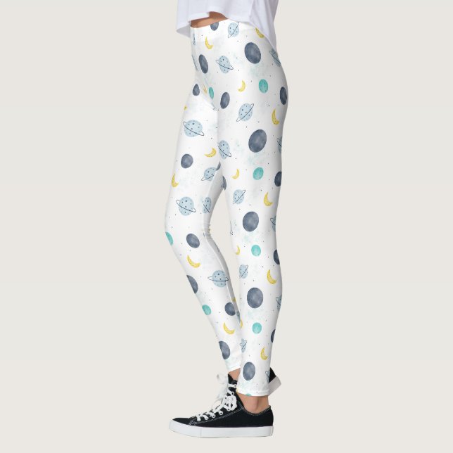 Watercolor Blue Space Planet Pattern Leggings (Left)