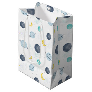 Watercolor Blue Space Planet Pattern Medium Gift Bag