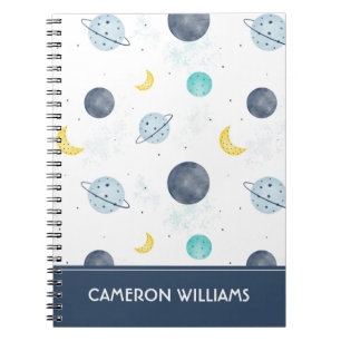 Watercolor Blue Space Planet Pattern Notebook
