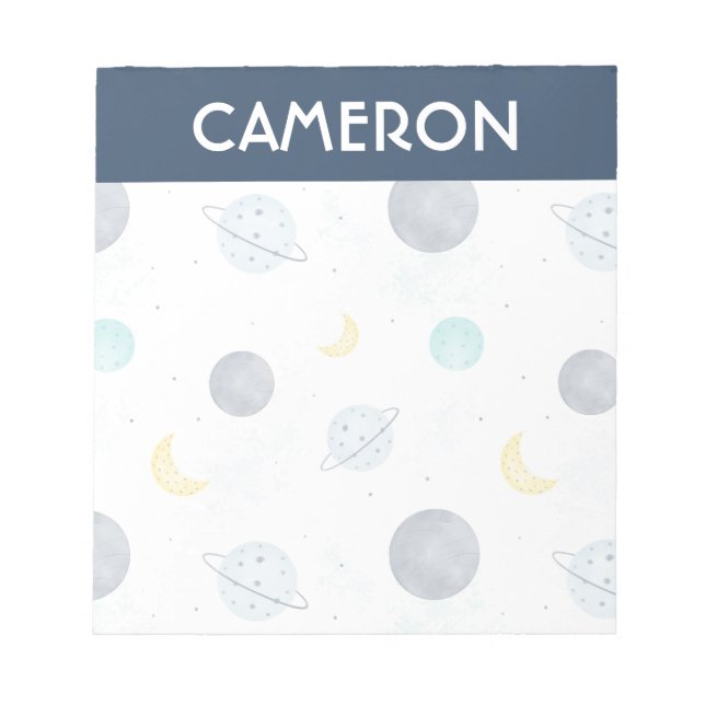 Watercolor Blue Space Planet Pattern Notepad (Front)