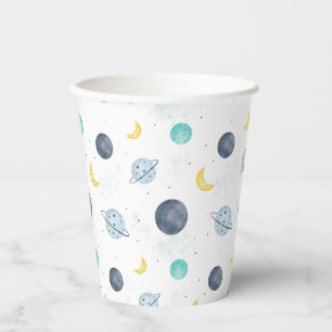 Watercolor Blue Space Planet Pattern Paper Cups