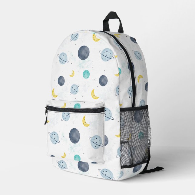 Watercolor Blue Space Planet Pattern Printed Backpack (Back Corner Right)