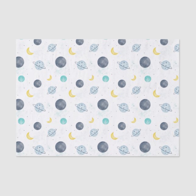 Watercolor Blue Space Planet Pattern Tissue Paper (Front)