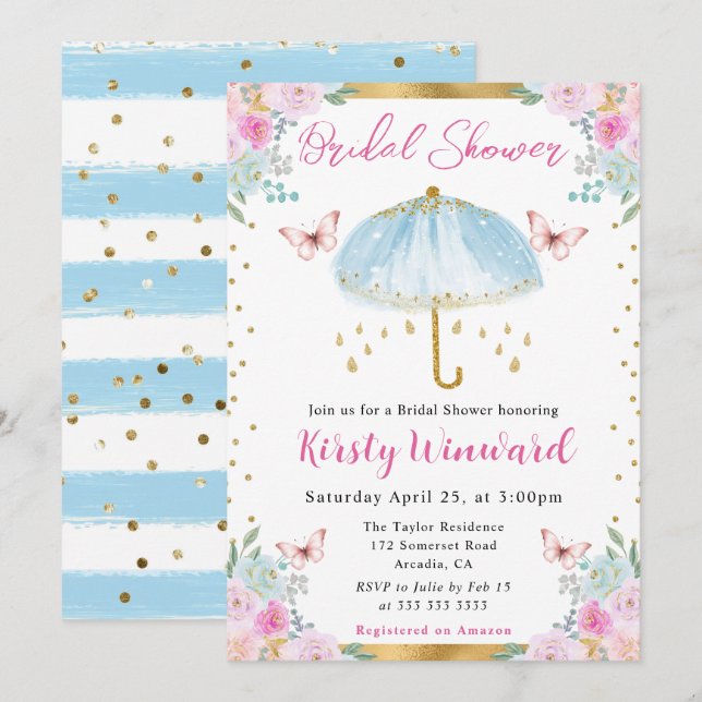 Watercolor Blue Spring Umbrella Bridal Shower Invitation (Front/Back)