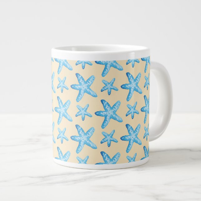 Watercolor Blue Starfish Pattern Large Coffee Mug (Front Right)