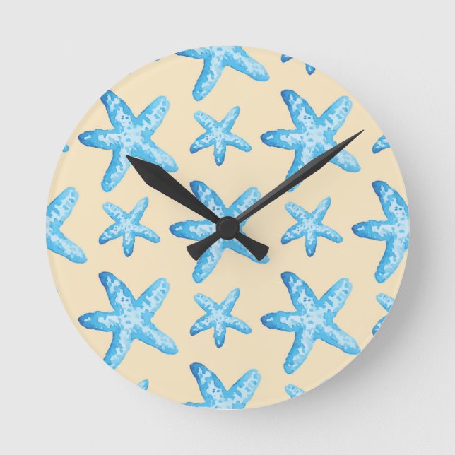 Watercolor Blue Starfish Pattern Round Clock (Front)
