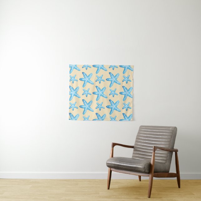 Watercolor Blue Starfish Pattern Tapestry (In Situ (Horizontal))