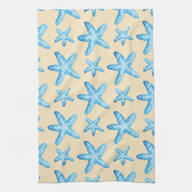 Watercolor Blue Starfish Pattern Tea Towel (Vertical)