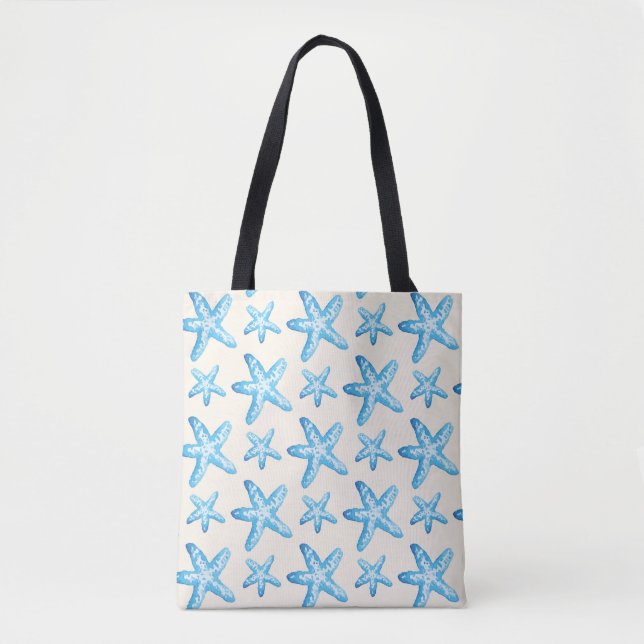 Watercolor Blue Starfish Pattern Tote Bag (Front)