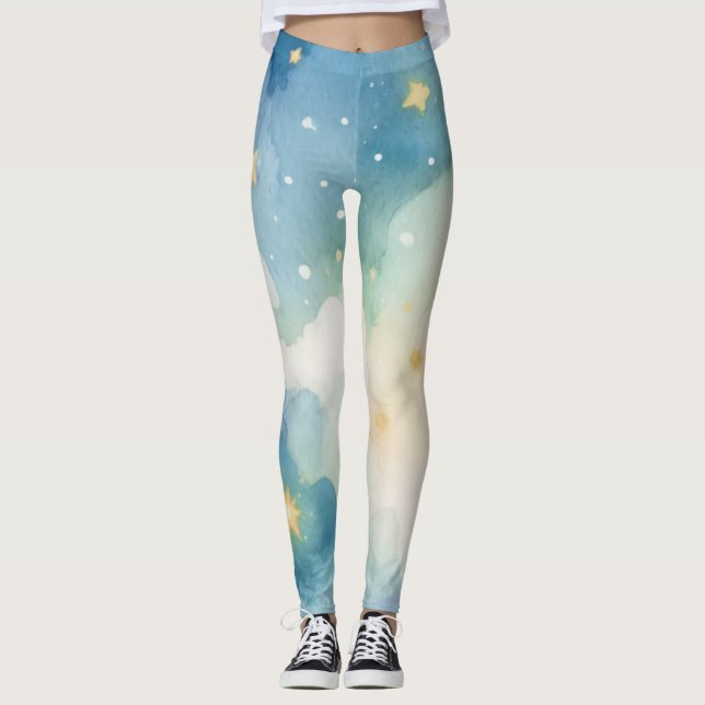 Watercolor Blue Starry Sky Leggings (Front)