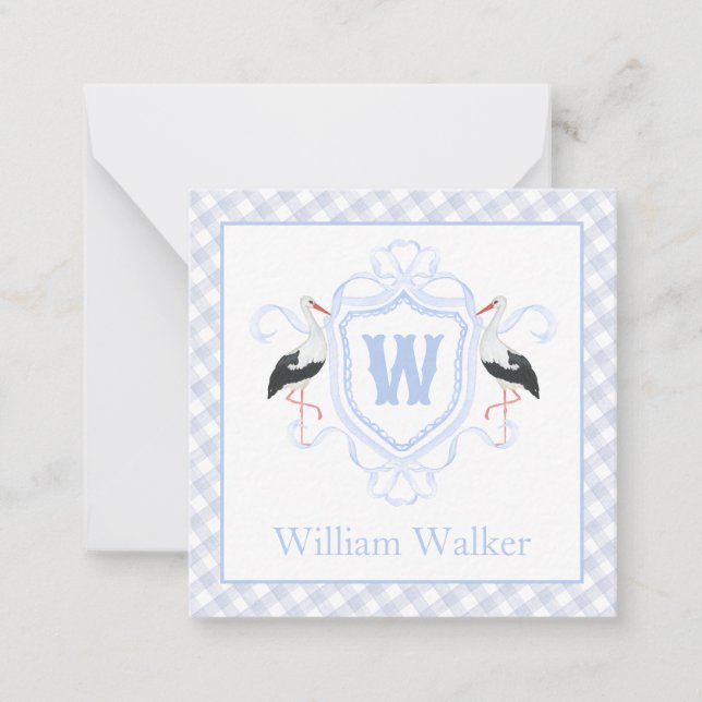 Watercolor Blue Stork Gingham Monogram Crest Card (Front)