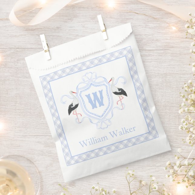 Watercolor Blue Stork Gingham Monogram Crest Favour Bag (Clipped)