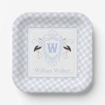 Watercolor Blue Stork Gingham Monogram Crest