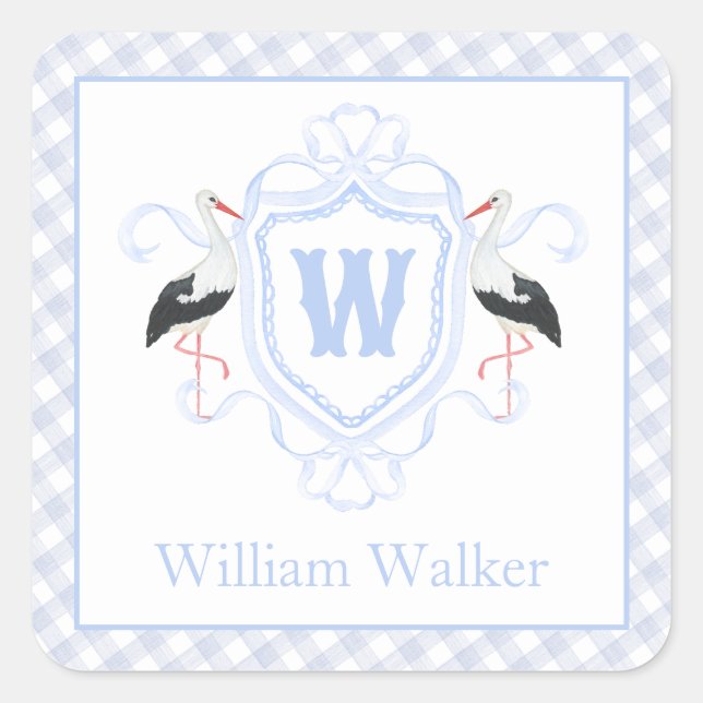 Watercolor Blue Stork Gingham Monogram Crest Square Sticker (Front)