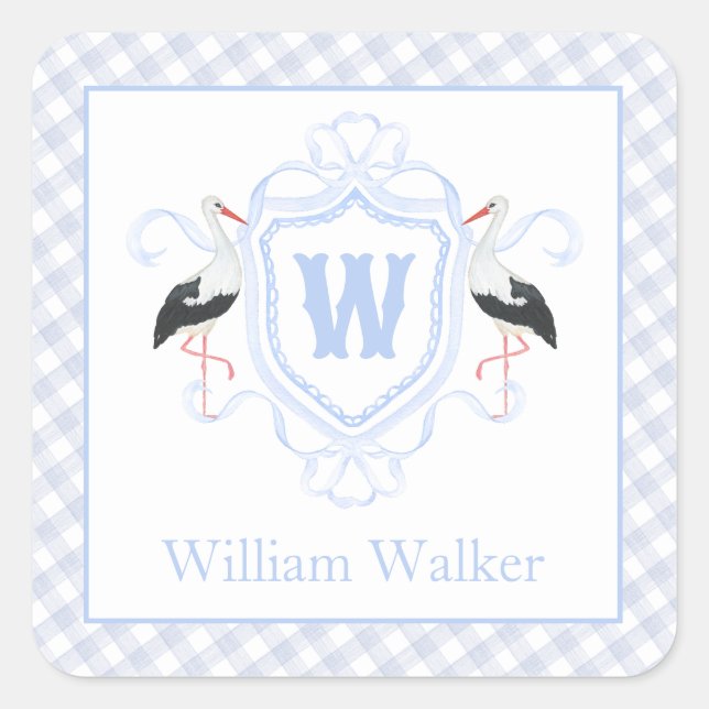 Watercolor Blue Stork Gingham Monogram Crest Square Sticker (Front)