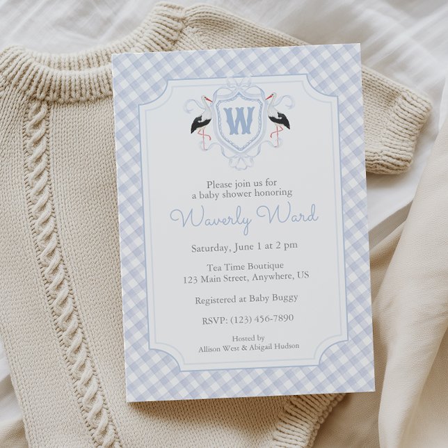 Watercolor Blue Stork Monogram Crest Baby Shower Invitation (Creator Uploaded)
