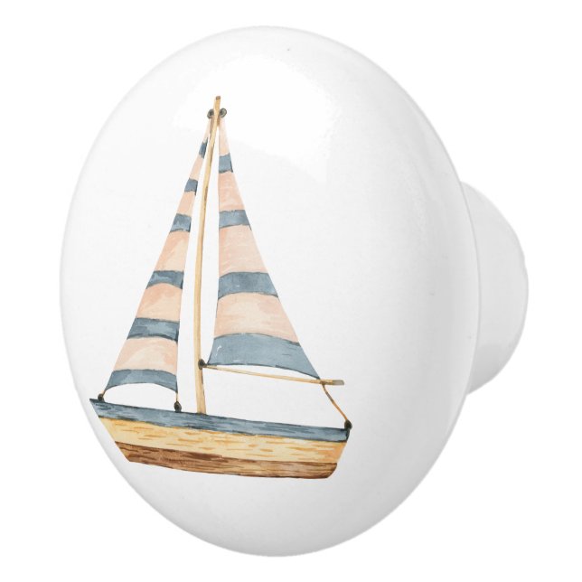Watercolor Blue Stripe Sailboat Ceramic Knob (Right)