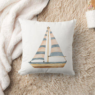 Watercolor Blue Stripe Sailboat Cushion
