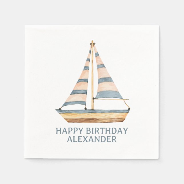 Watercolor Blue Stripe Sailboat Napkin (Front)