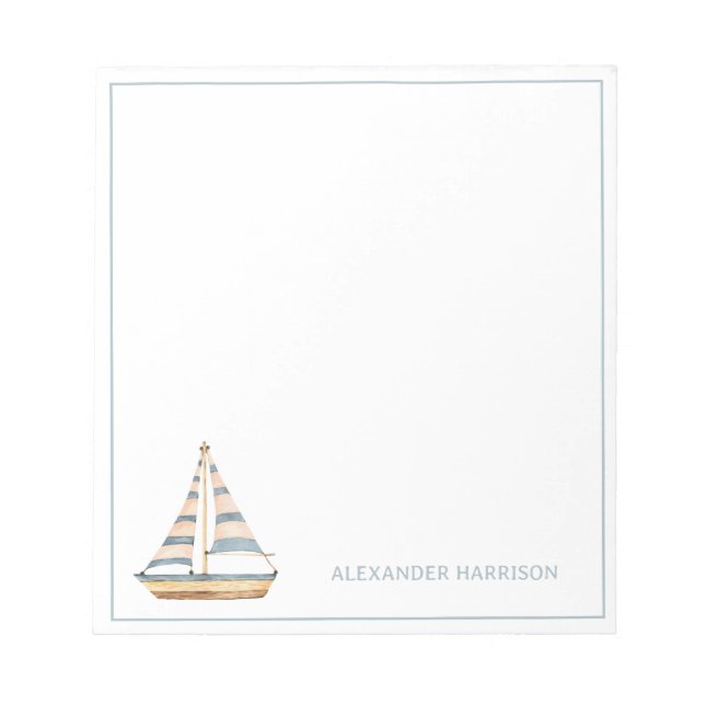 Watercolor Blue Stripe Sailboat Notepad (Front)