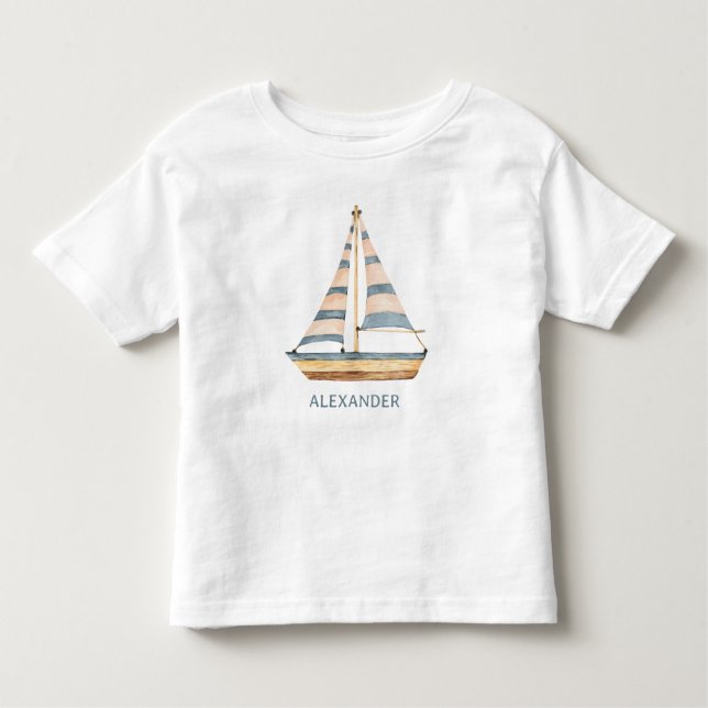 Watercolor Blue Stripe Sailboat Toddler T-Shirt (Front)