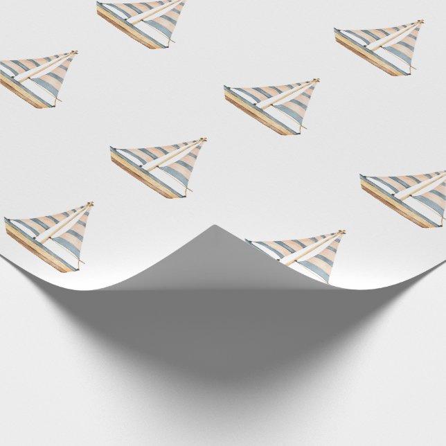 Watercolor Blue Stripe Sailboat Wrapping Paper (Corner)