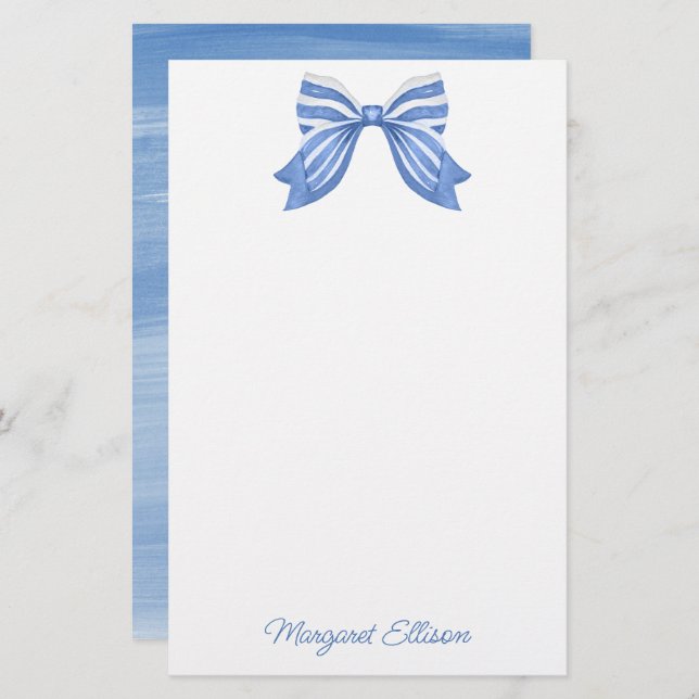 Watercolor Blue Striped Bow Stationery (Front/Back)