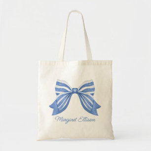 Watercolor Blue Striped Bow Tote Bag