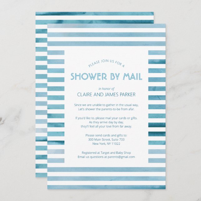 Watercolor Blue Stripes Baby Shower by Mail Invitation (Front/Back)