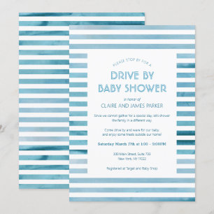 Watercolor Blue Stripes Drive By Baby Shower Invitation