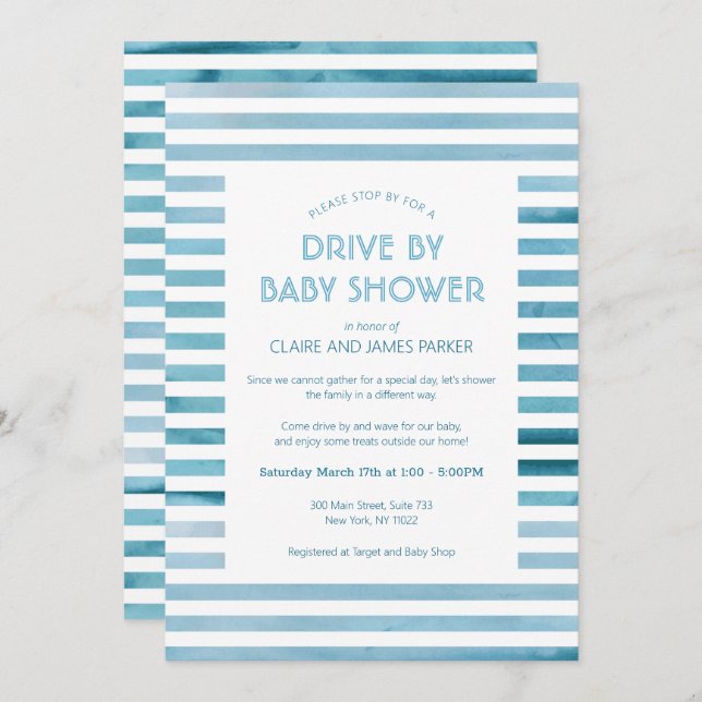 Watercolor Blue Stripes Drive By Baby Shower Invitation (Front/Back)