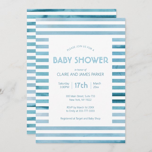 Watercolor Blue Stripes Simple Baby Shower Invitation (Front/Back)