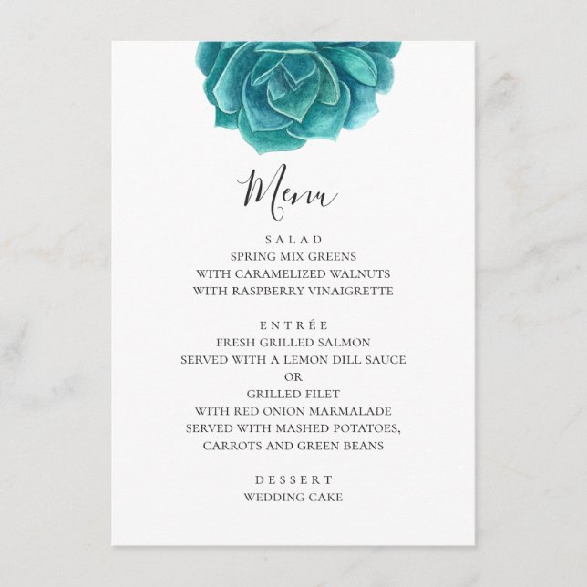 Watercolor blue succulent. Teal wedding. Botanical Menu (Front)