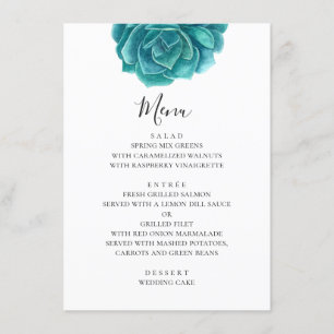 Watercolor blue succulent. Teal wedding. Botanical Menu