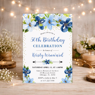 Watercolor Blue Summer Flowers Photo 50th birthday Invitation