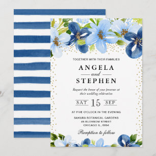 Watercolor Blue Summer Flowers Wedding Invitation