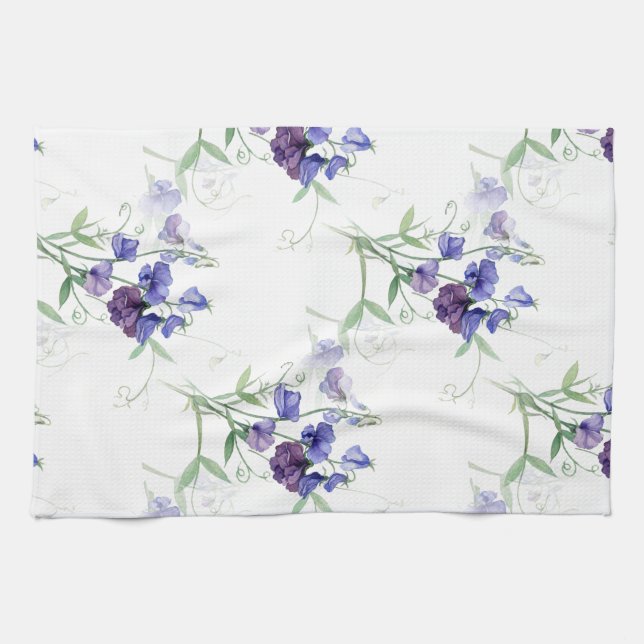 Watercolor Blue Sweet Peas Garden Flower Pattern Tea Towel (Horizontal)